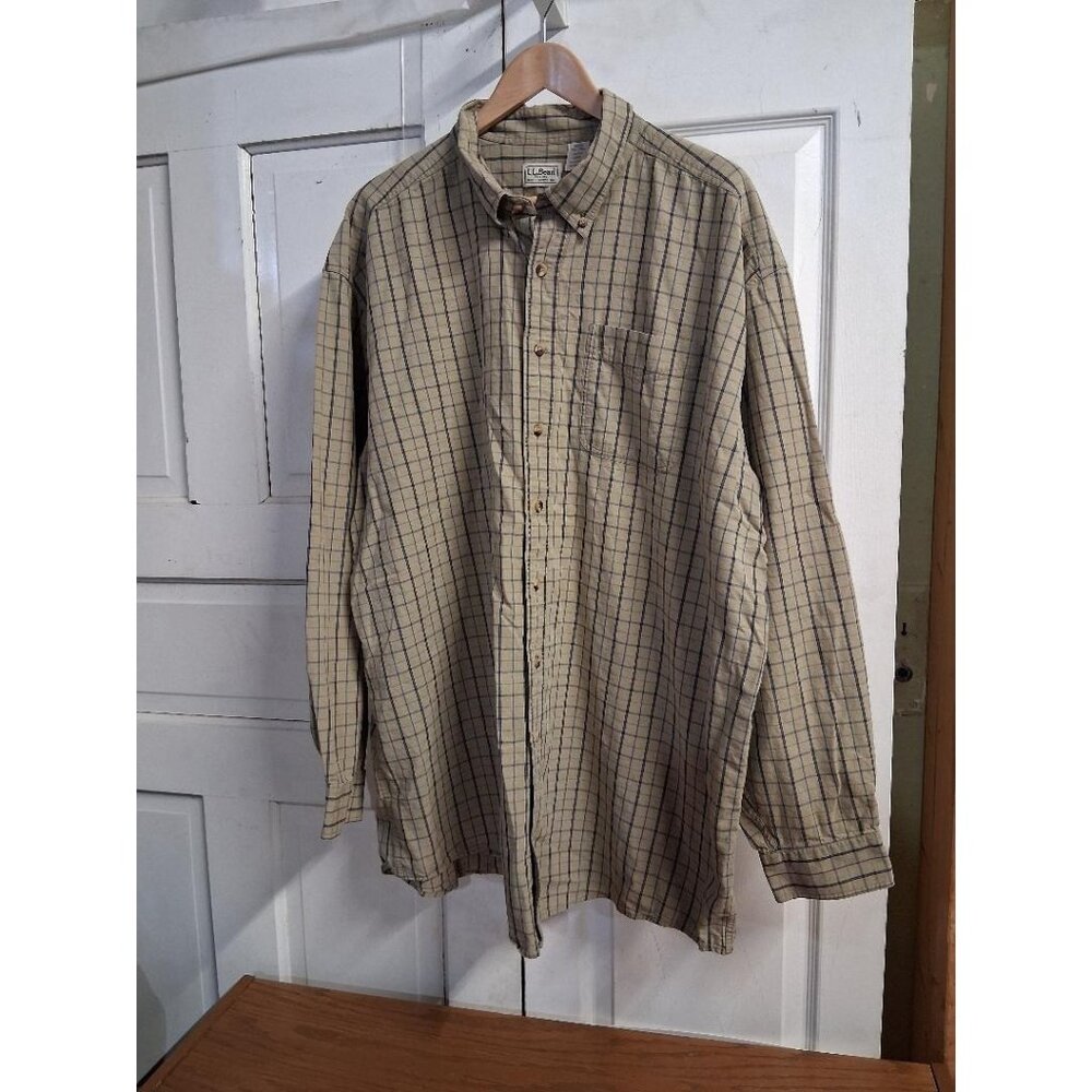 L.L.Bean Mens XXL Tall Beige & Blue Plaid Button-Down Long-Sleeve Shirt 100% Cot